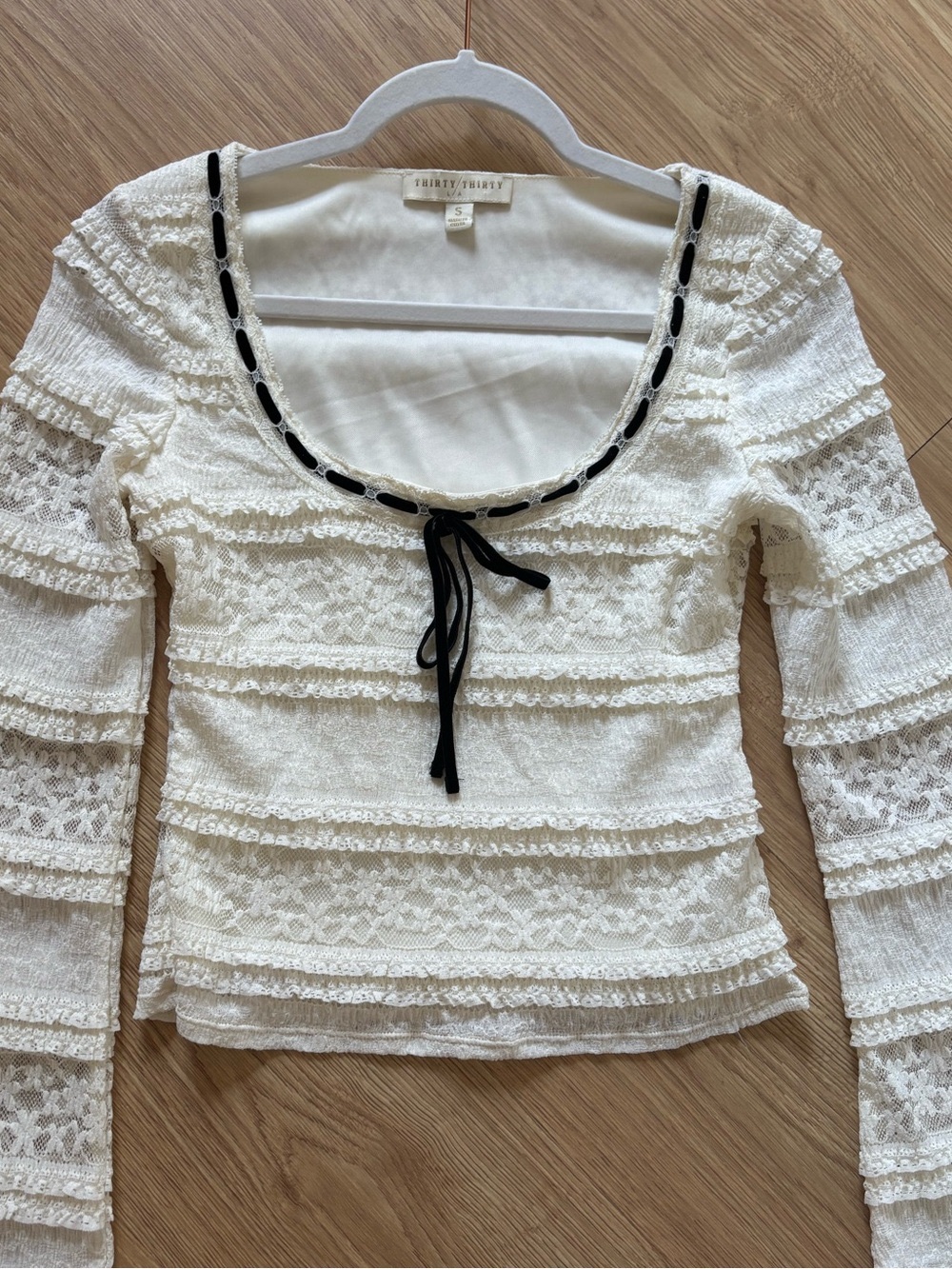 Cream Lace Long-Sleeve Scoop Neck Top with Black Tie
